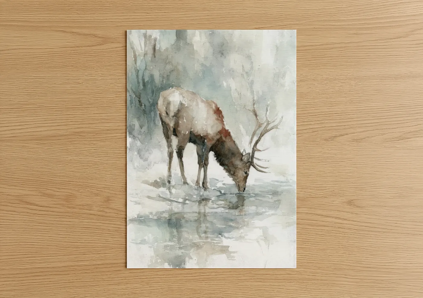 Winter Elk Drinking Watercolor Wall Art
