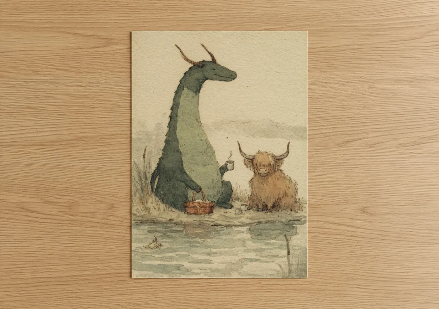 Loch ness monster art print on warm oak wood — sage green and beige palette — Loch Ness Tea Time poster