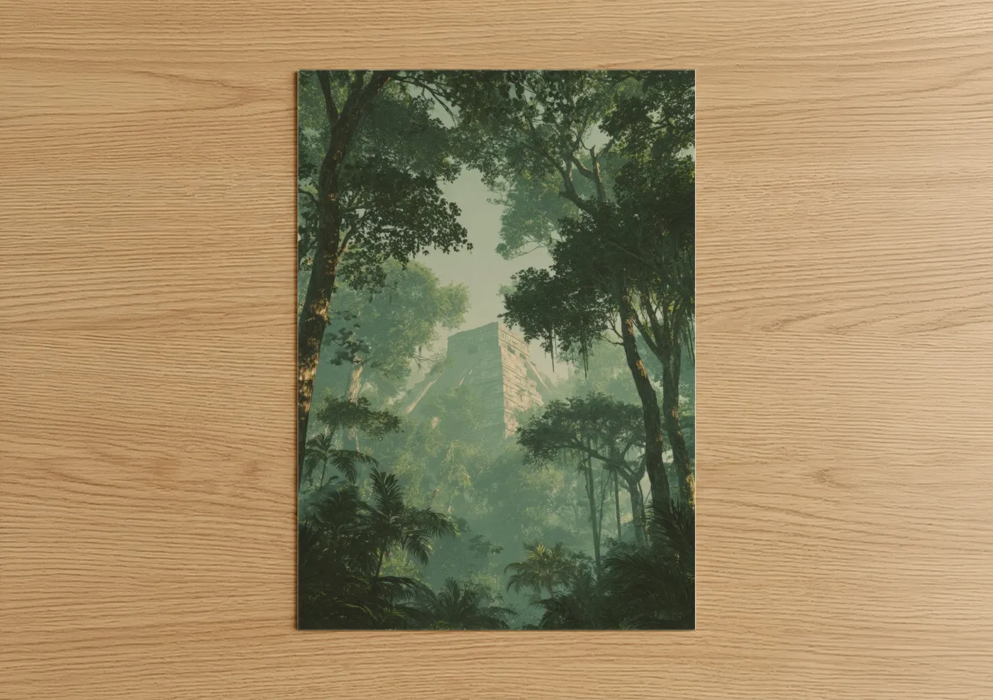 Chichen itza art print on warm oak wood — green and sage green palette — Jungle Temple poster
