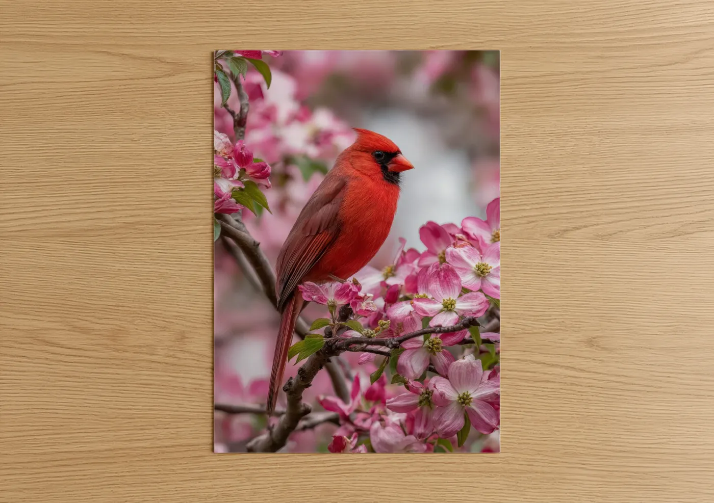 Art print on warm oak wood — pink and red palette — Cardinal Cherry Blossoms poster