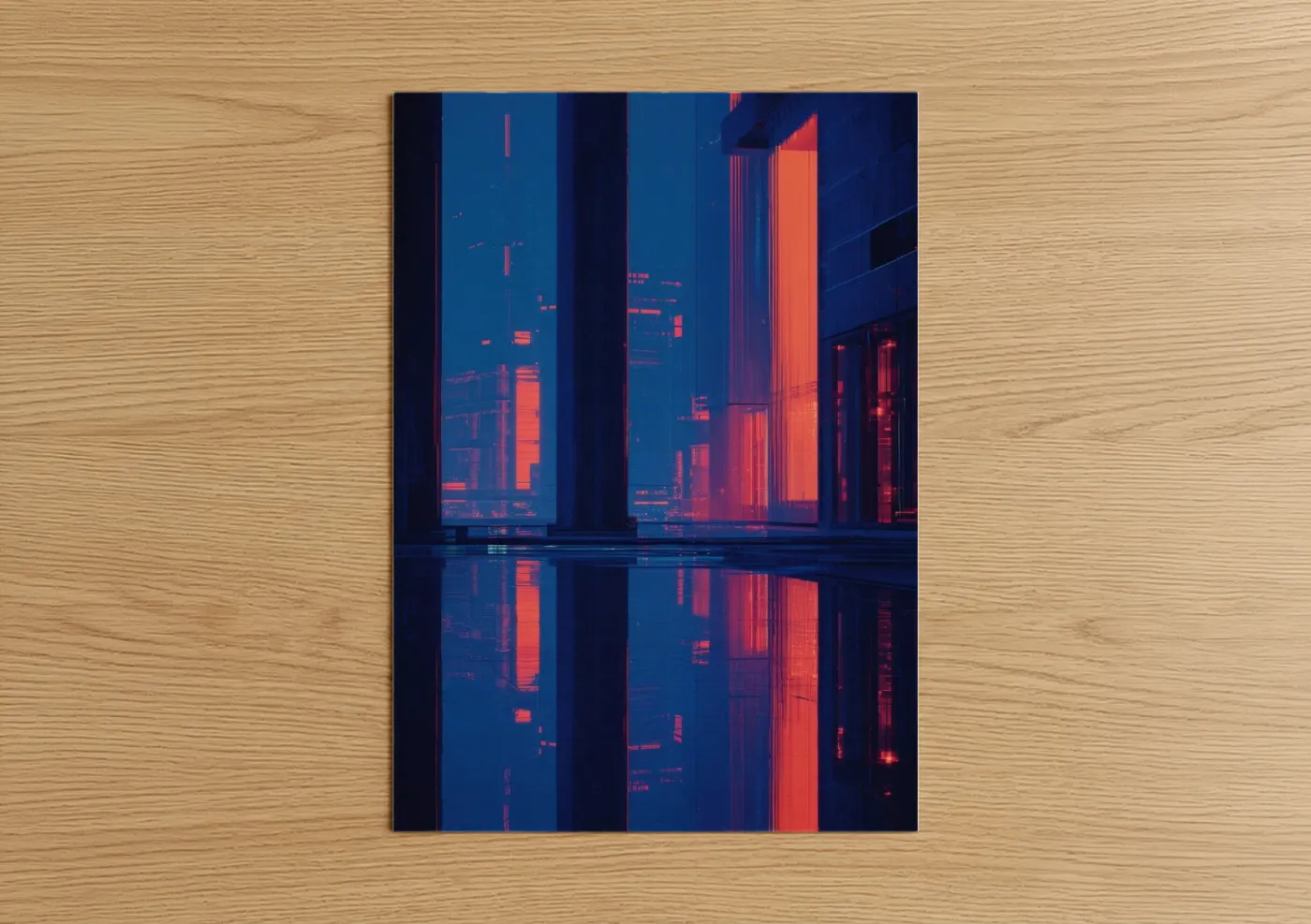 Art print on warm oak wood — royal blue and red palette — Neon Columns poster