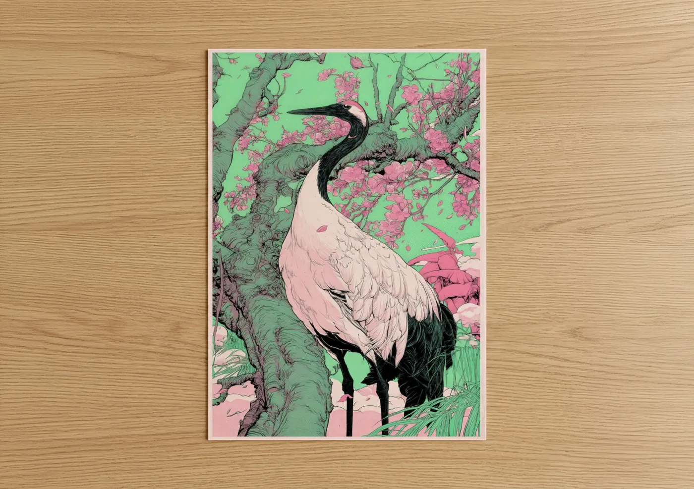 Cherry Blossom Crane Pink Green Wall Art