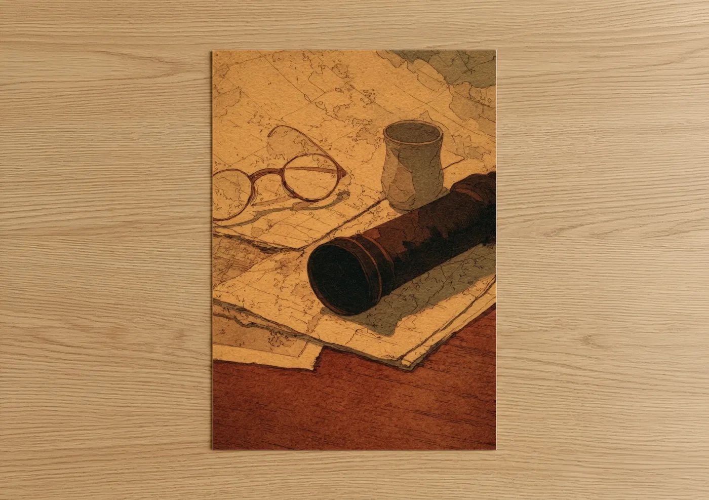 Vintage Spyglass with Antique Maps Wall Art