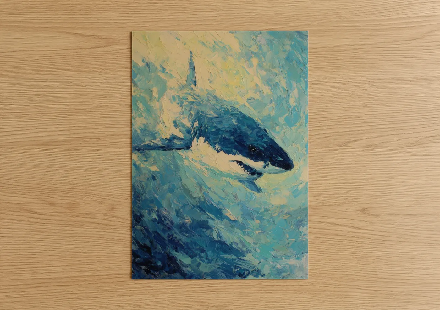 Blue shark art print on warm oak wood — teal and cream palette — Azure Shark poster