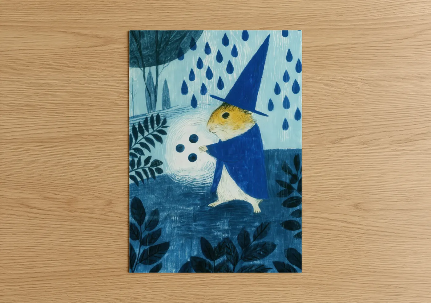 Wizard Hamster Rainy Night Illustration Wall Art