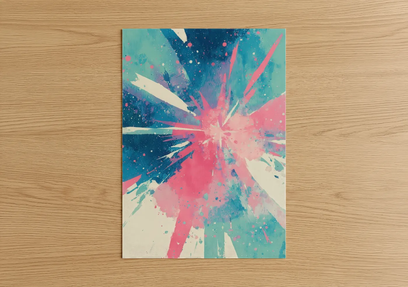 Art print on warm oak wood — turquoise and magenta palette — Cosmic Burst Star poster