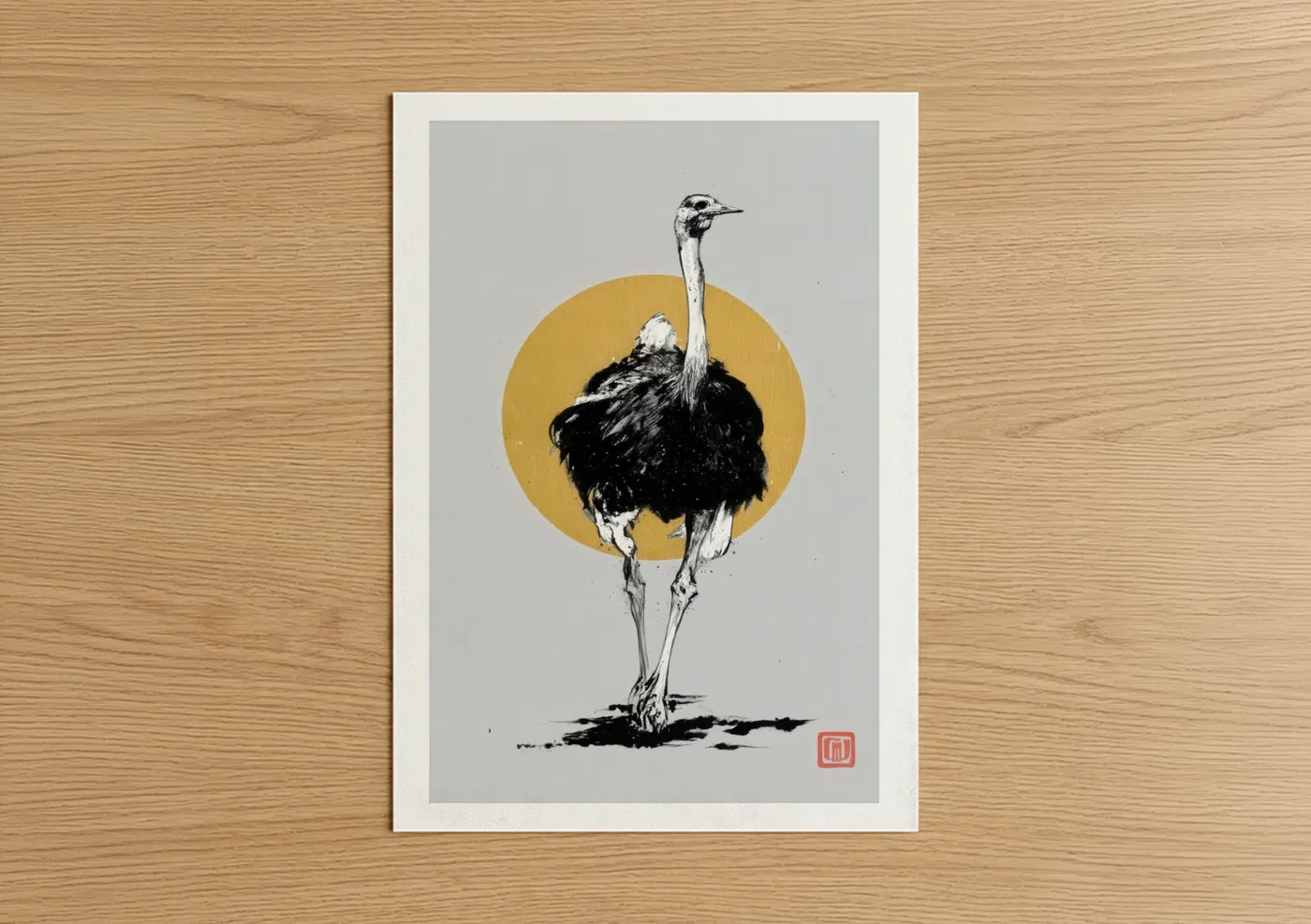 Art print on warm oak wood — gold and black and white palette — Golden Ostrich poster