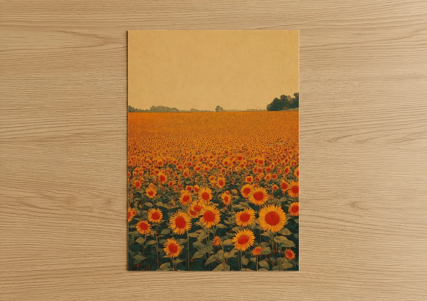 Art print on warm oak wood — yellow gold and orange palette — Golden Sunflower Field poster