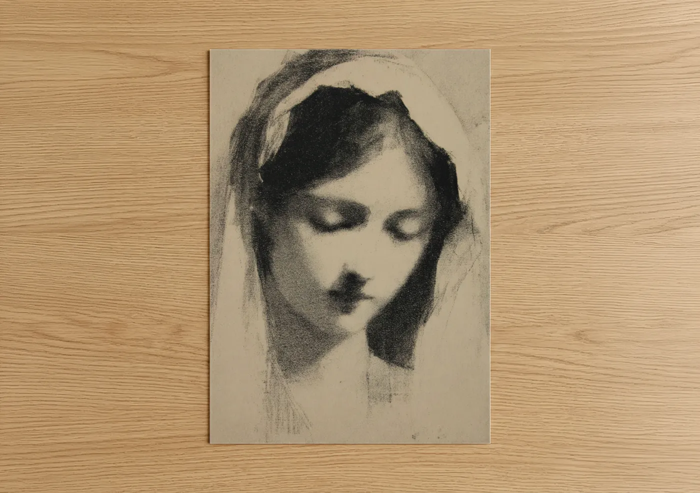 Virgin Mary Veiled Portrait Charcoal Wall Art