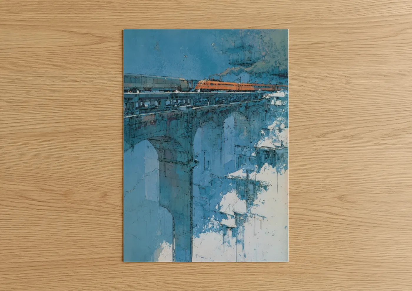 Vintage Orange Train Crossing Blue Bridge Wall Art