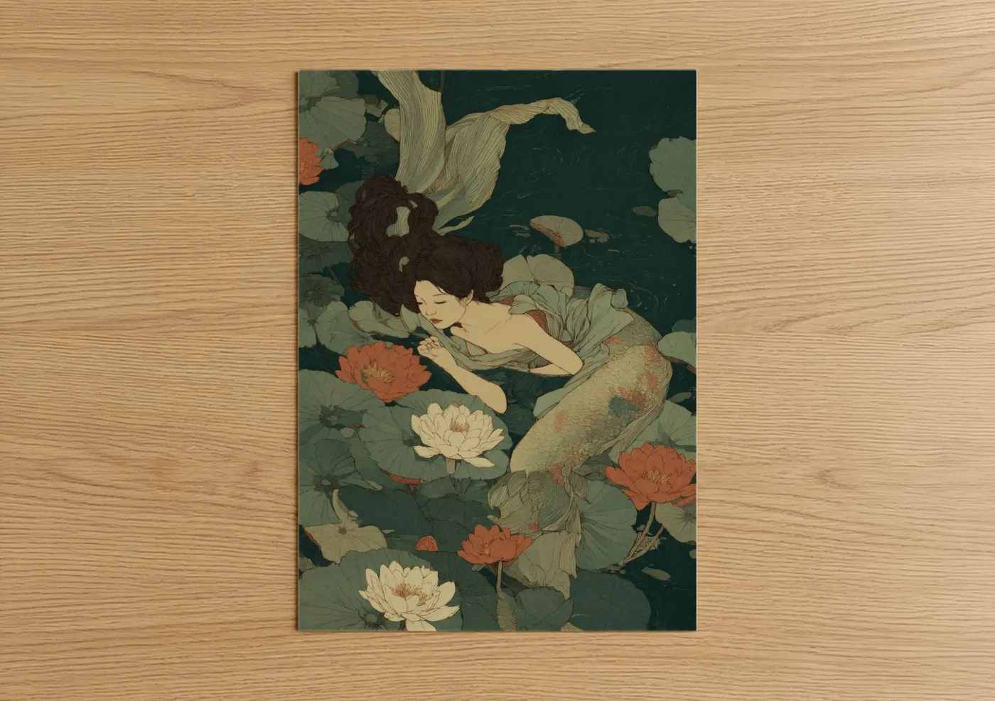 Mermaid Among Lotus Flowers Wall Art