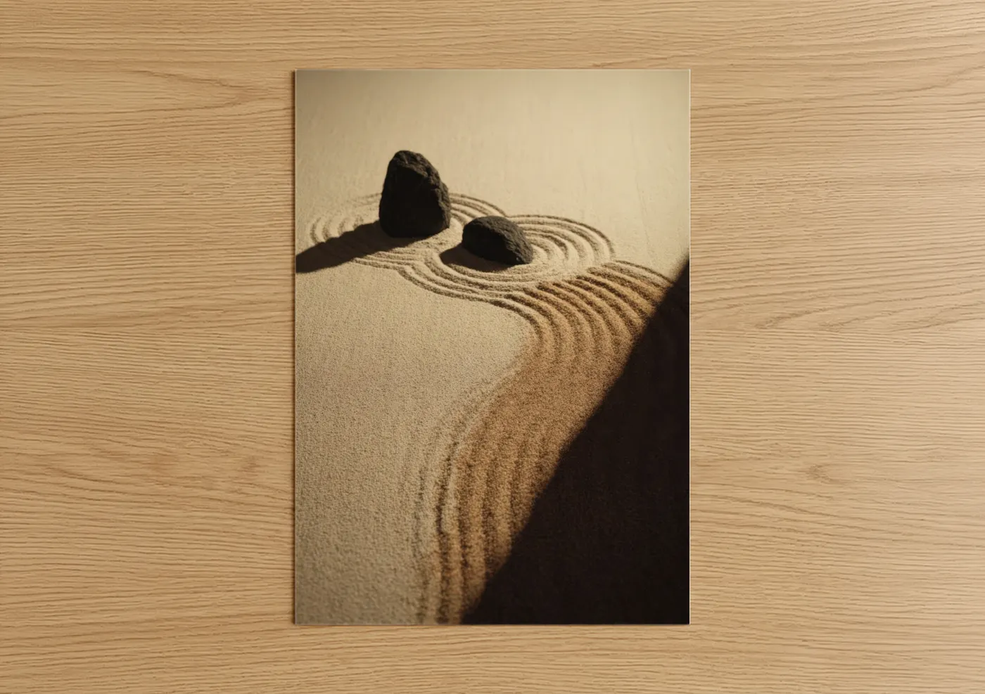 Natural stones art print on warm oak wood — beige and black palette — Zen Stone Ripples poster