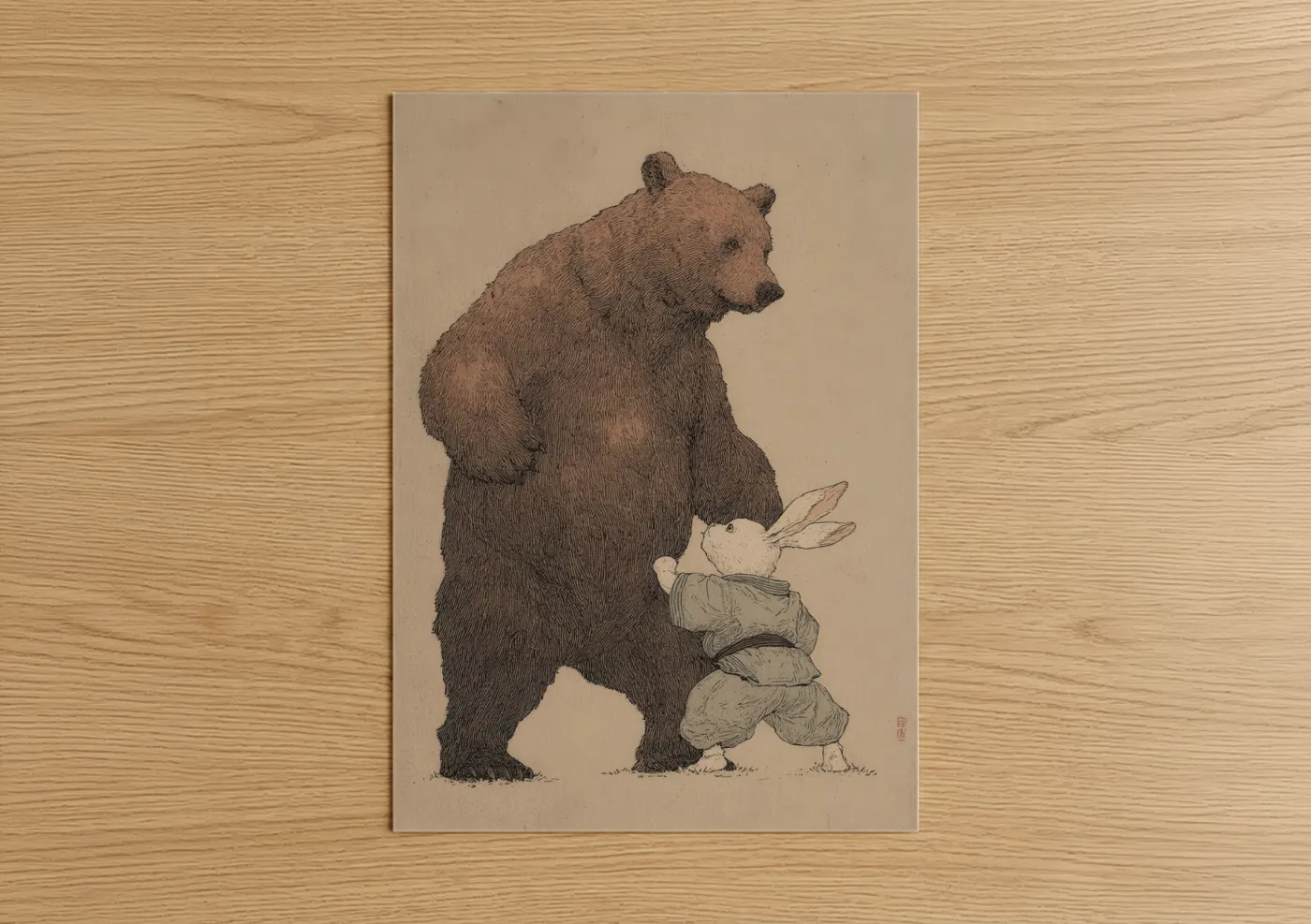 Judo art print on warm oak wood — beige and brown palette — Gentle Giants Training poster
