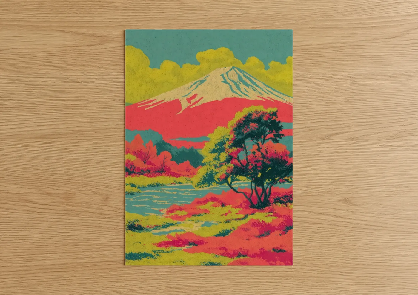 Art print on warm oak wood — teal and red palette — Crimson Mount Fuji poster