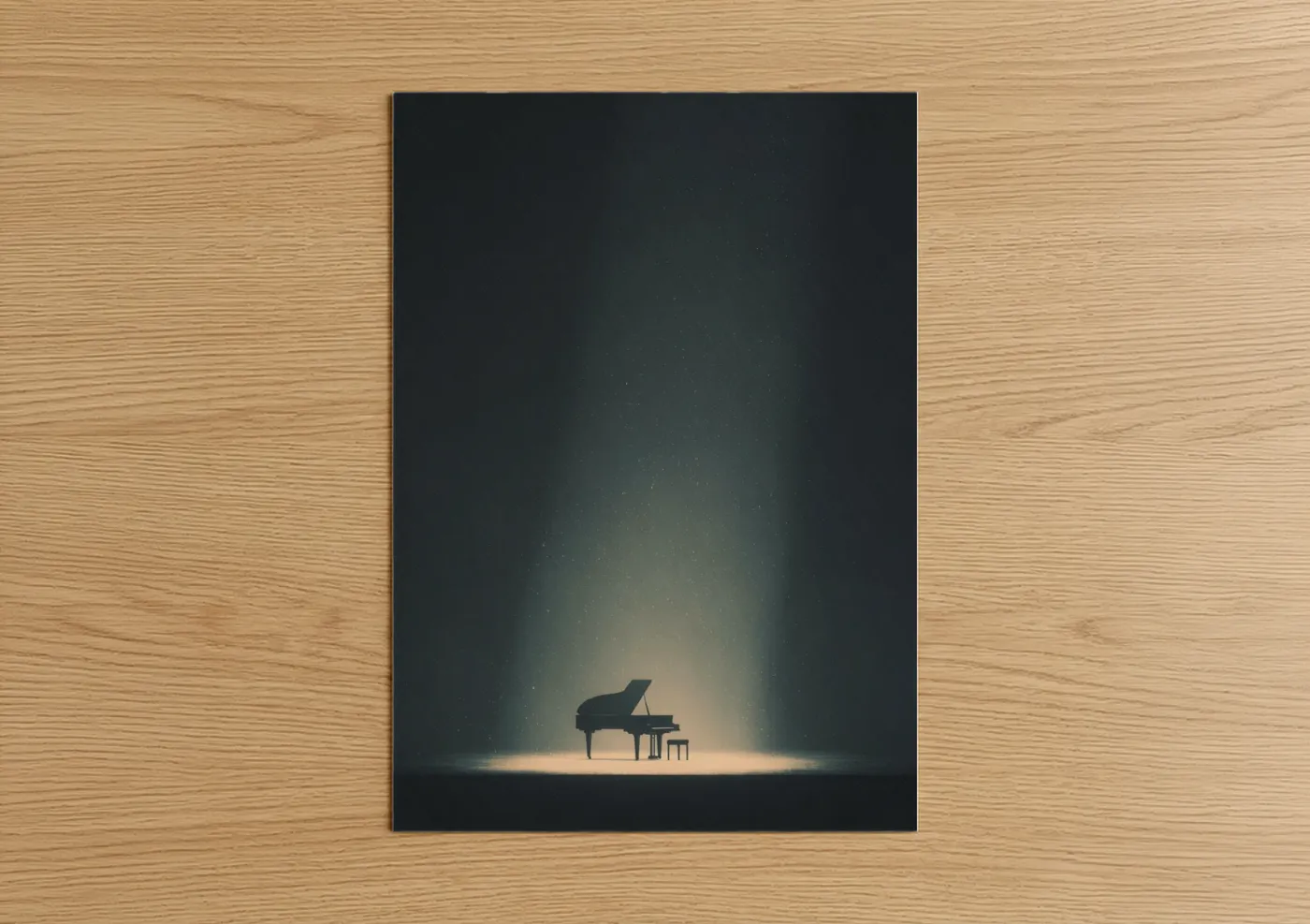 Art print on warm oak wood — black and gold palette — Spotlit Piano poster