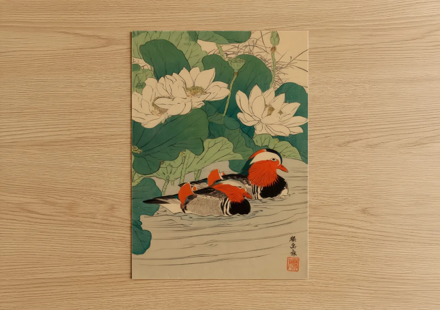 Mandarin Ducks Lotus Pond Watercolor Wall Art