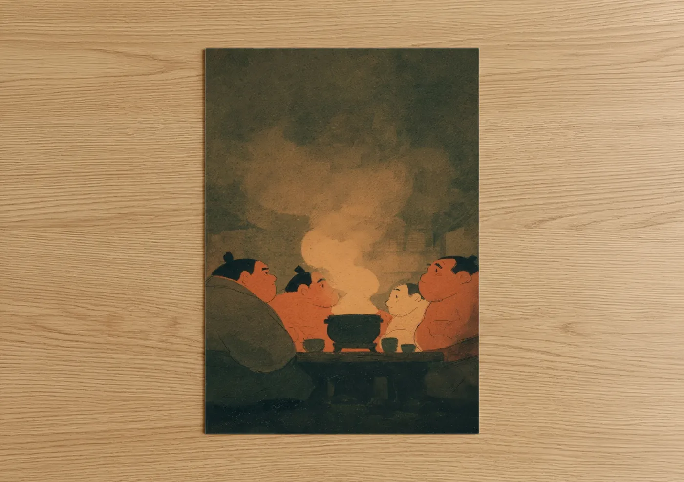 Art print on warm oak wood — gold and dark green palette — Warmth Gathering Sumo poster