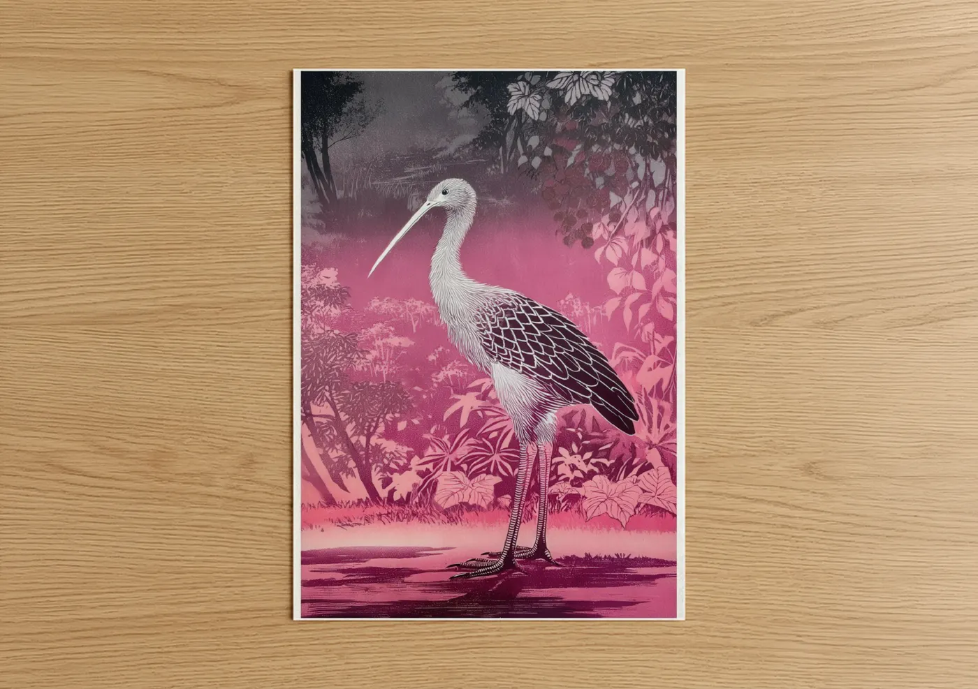 Art print on warm oak wood — magenta and black and white palette — Twilight Kiwi poster