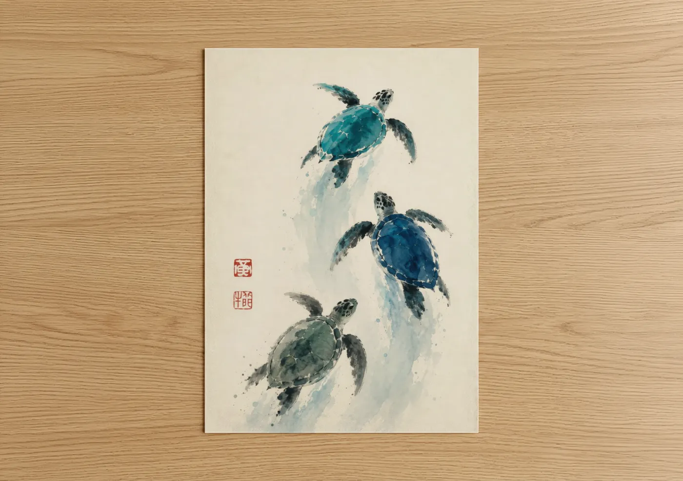 Art print on warm oak wood — teal and beige palette — Sea Turtle Trio Wall Art poster