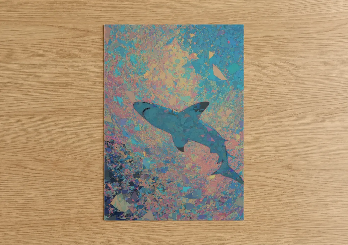 Blue shark art print on warm oak wood — blue and gold and pink palette — Geometric Shark poster