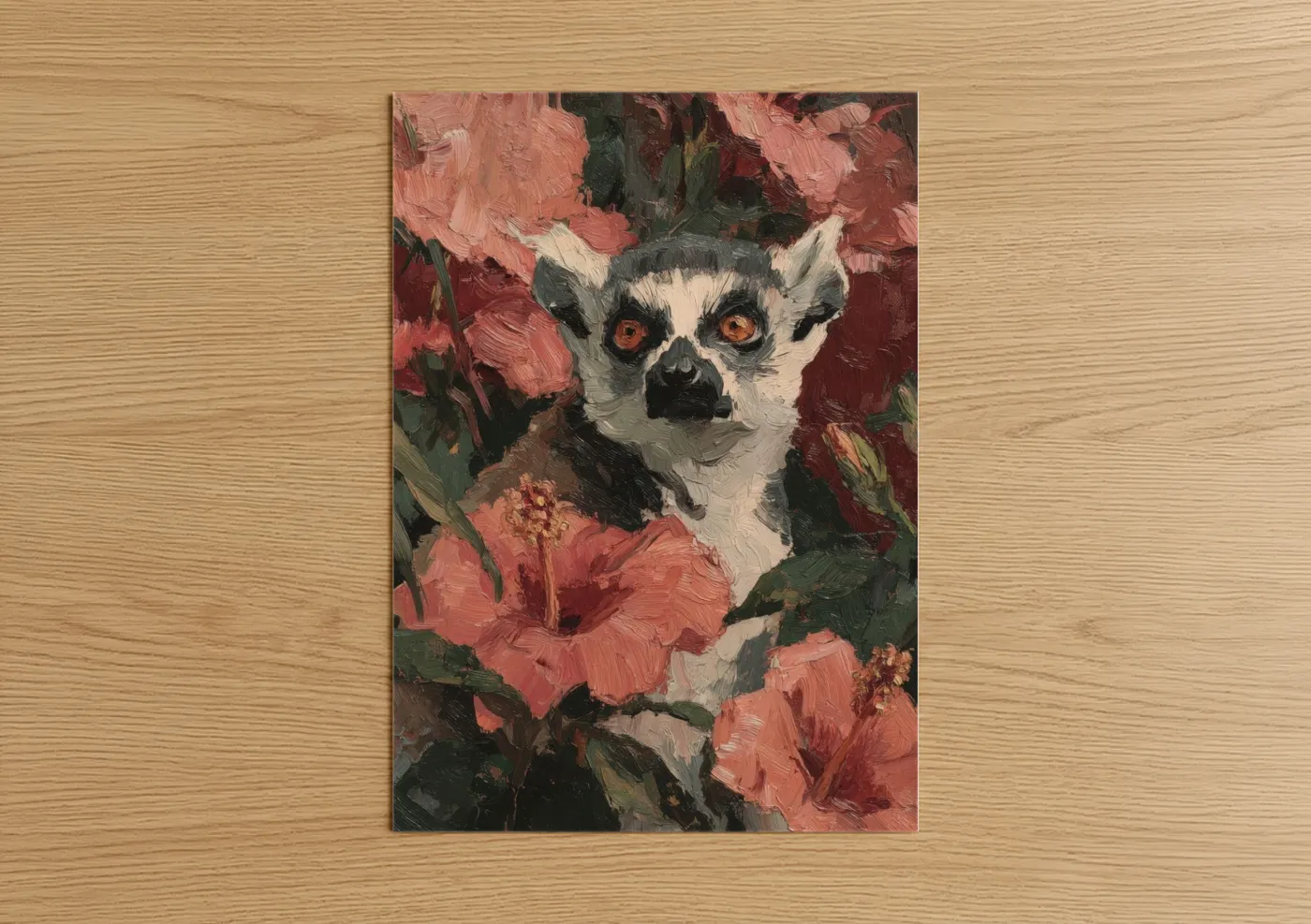 Lemur with Pink Flowers Expressionist Wall Art