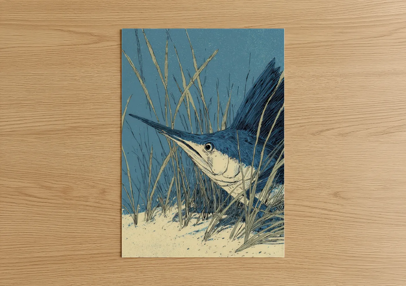 Blue Sailfish in Seagrass Watercolor Wall Art