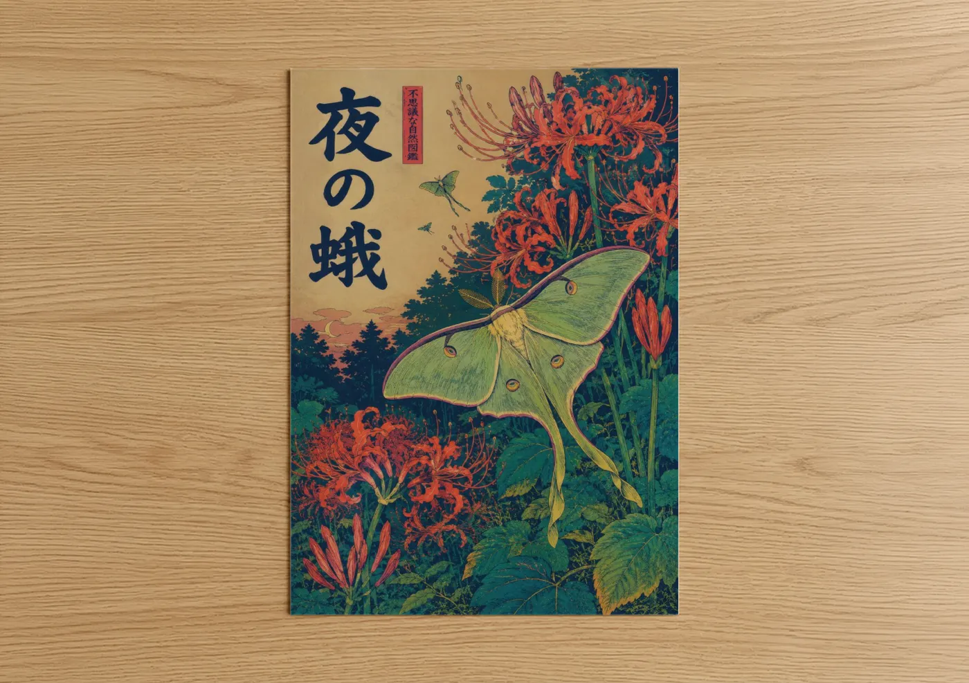 Butterfly art print on warm oak wood — teal and red palette — Luna Moth And Red Spider Lily Wall Art poster