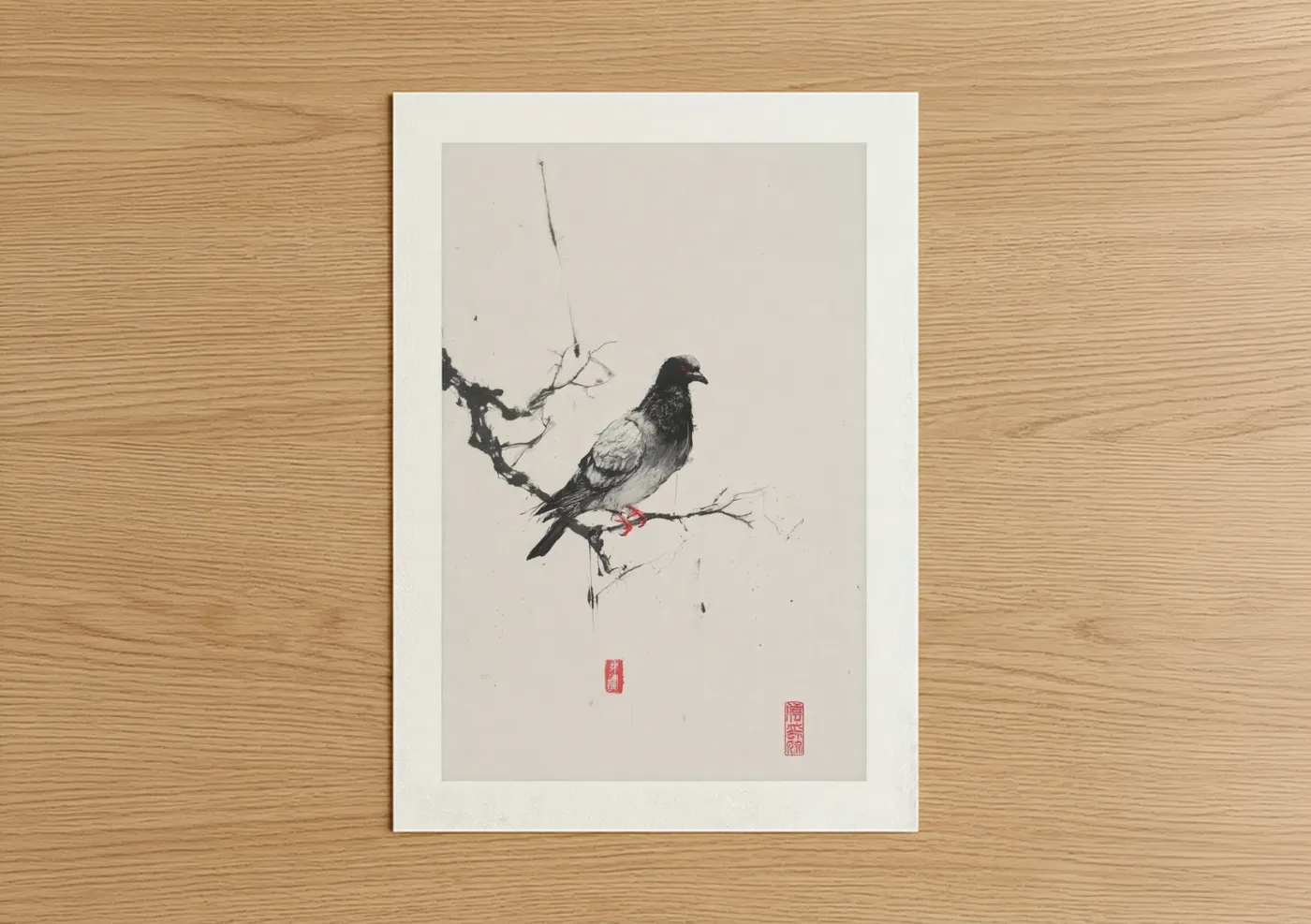 Art print on warm oak wood — black and white and gray palette — Perched Pigeon poster