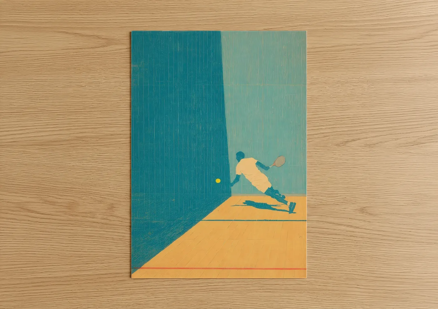 Racquetball art print on warm oak wood — teal and gold palette — Court Champion poster