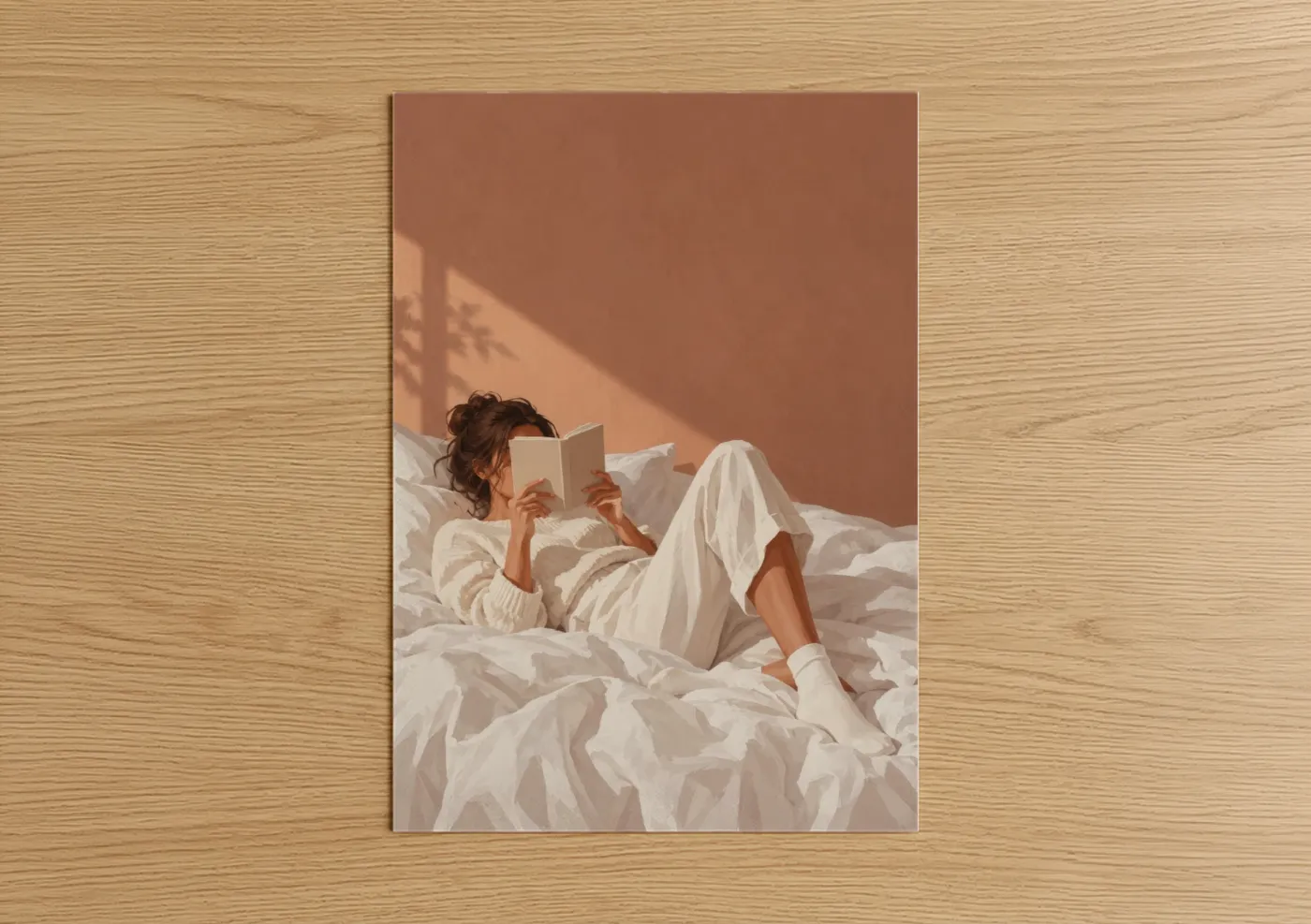 Art print on warm oak wood — cream and peach palette — Woman Reading in Bed Wall Art poster