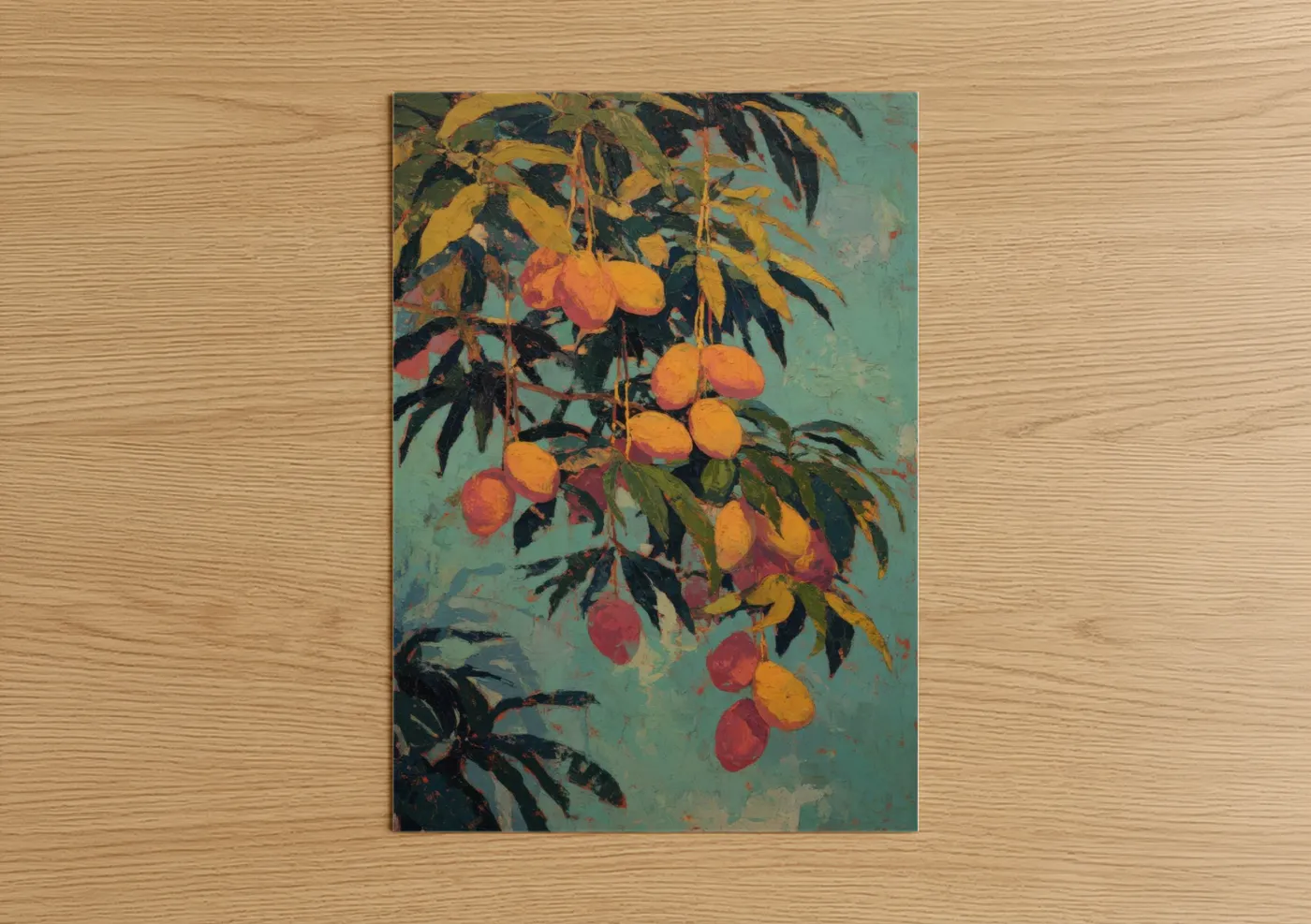 Fruit trees art print on warm oak wood — gold and teal palette — Golden Mango Tree poster