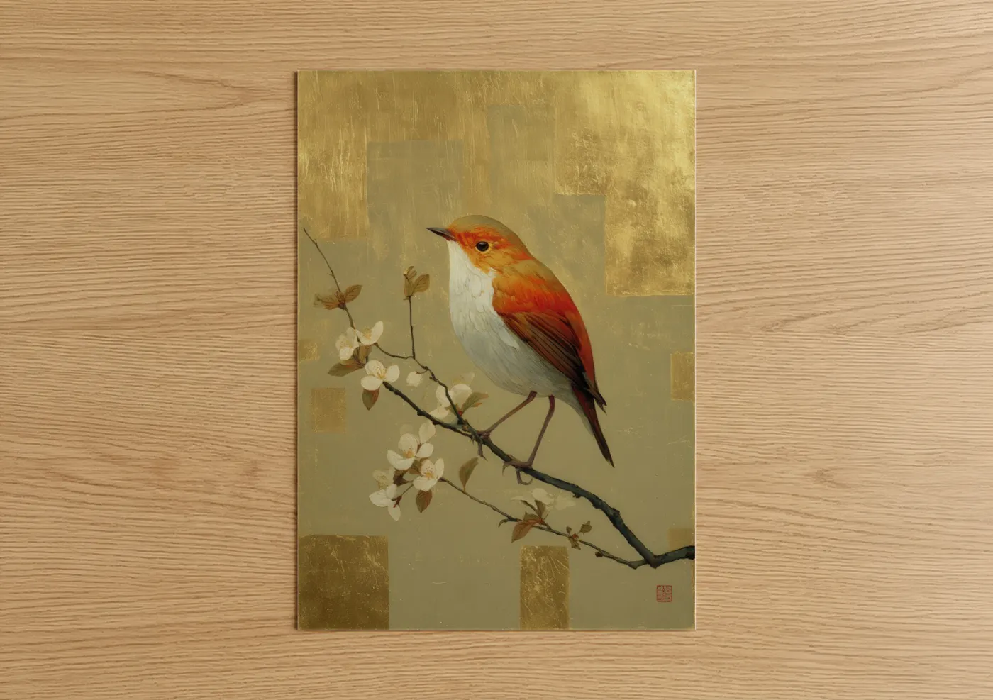 Red-Orange Songbird Spring Blossoms Wall Art