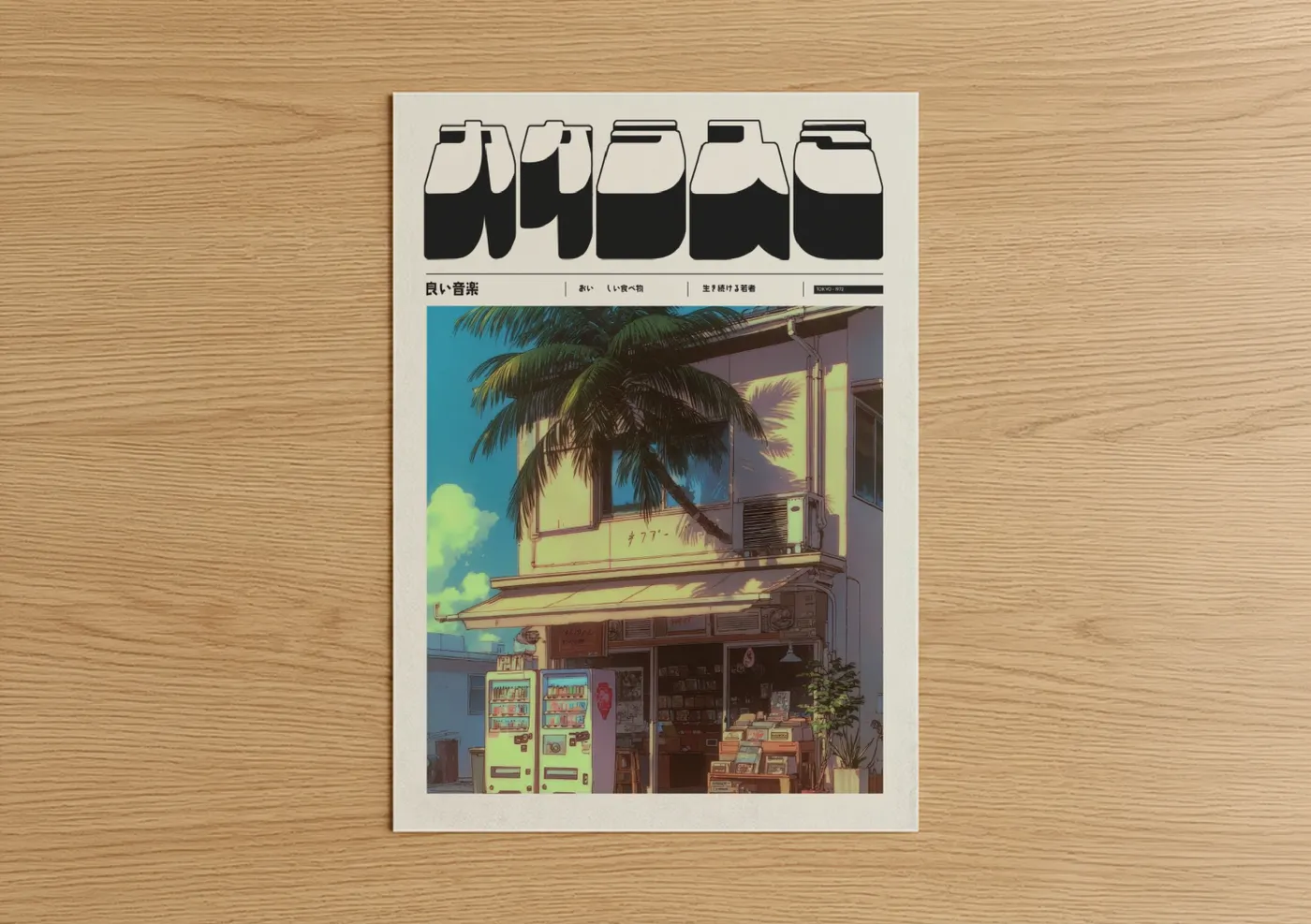 Anime and manga art print on warm oak wood — blue and yellow gold palette — Neon Convenience Store poster