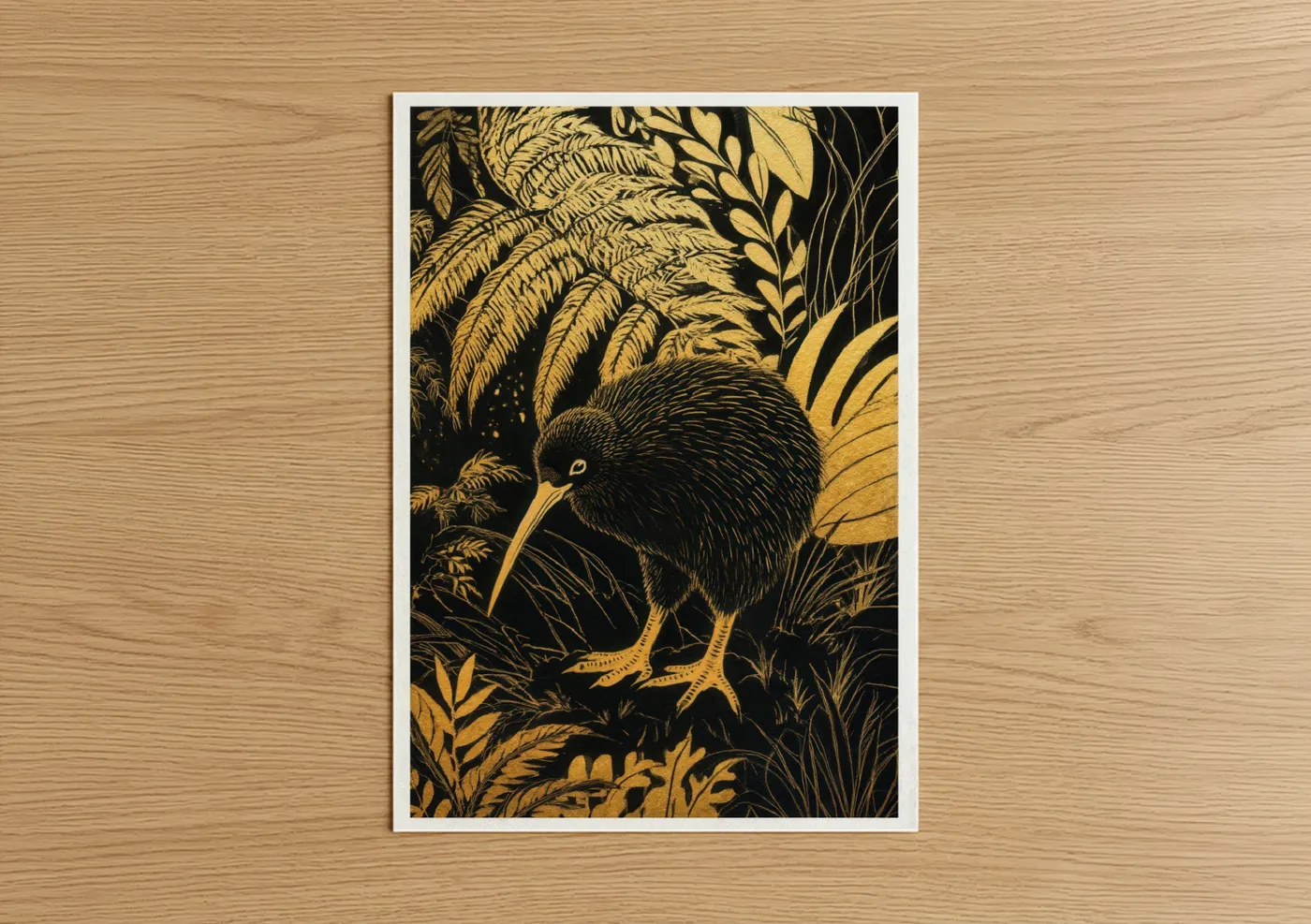 Art print on warm oak wood — gold and black palette — Golden Kiwi poster