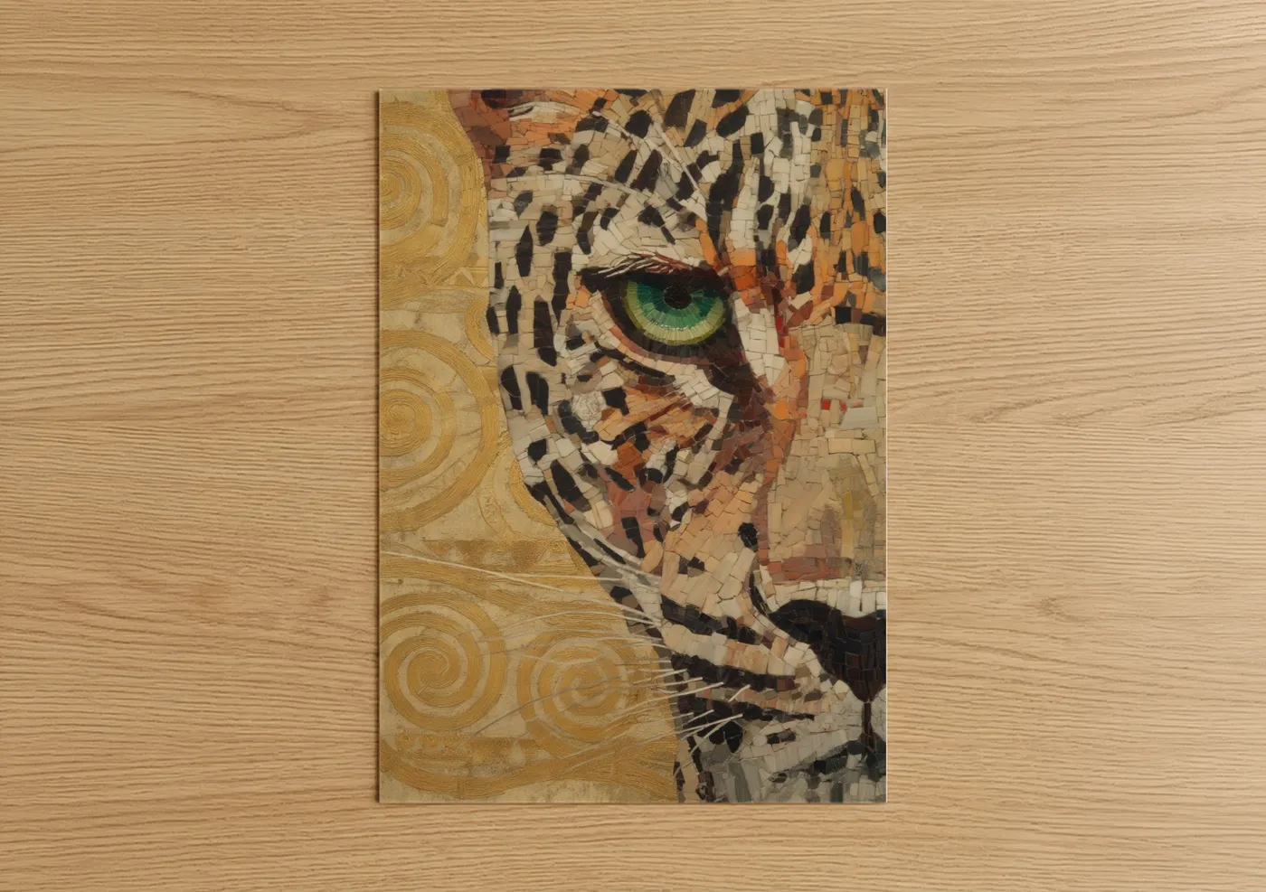 Art print on warm oak wood — gold and black and white palette — Golden Leopard poster