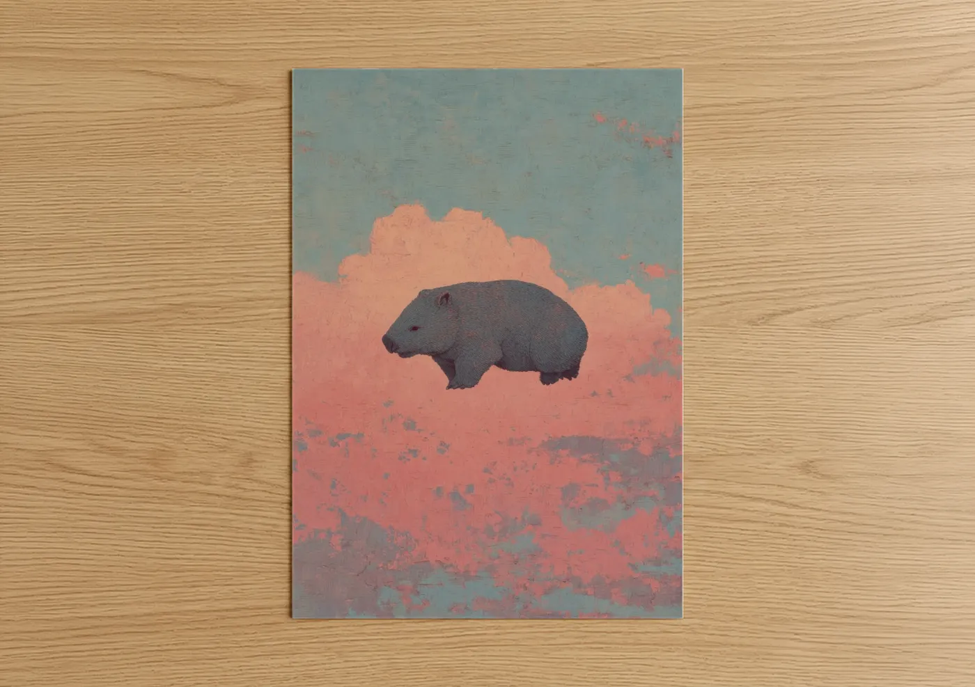 Art print on warm oak wood — peach and dove gray palette — Dreaming Wombat poster