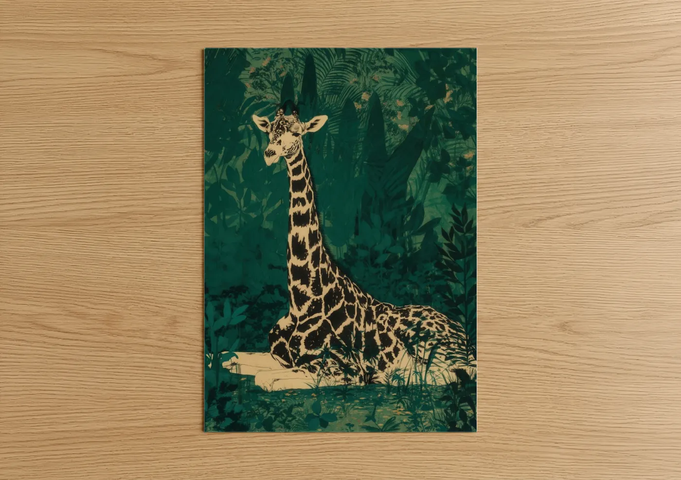Art print on warm oak wood — dark green and cream palette — Jungle Giraffe poster