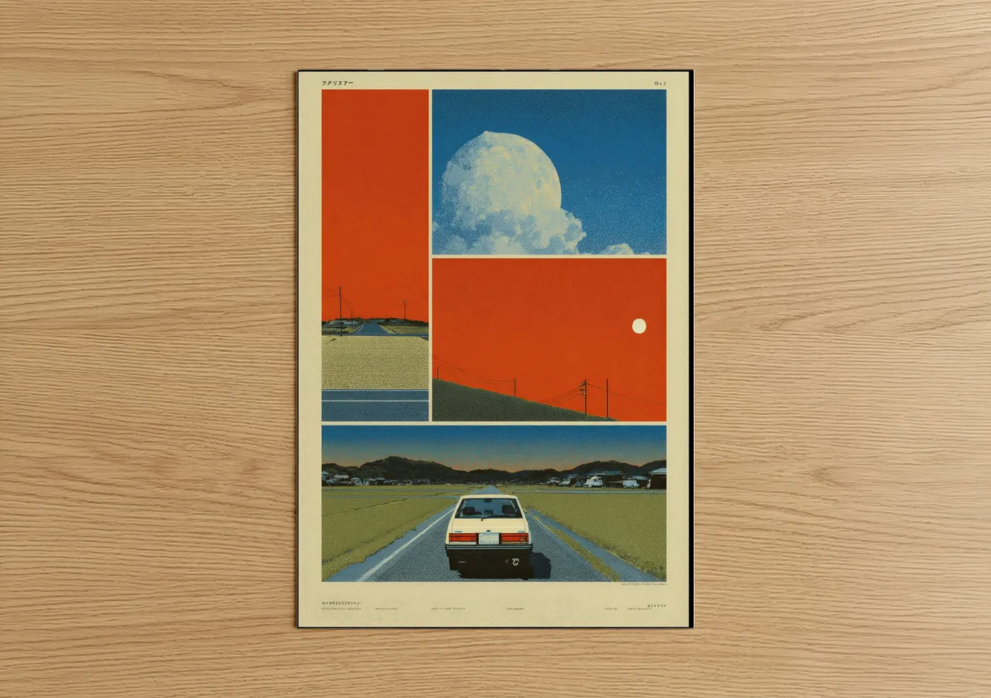 Japanese y2k art print on warm oak wood — red and blue palette — Retro Highway Drive poster