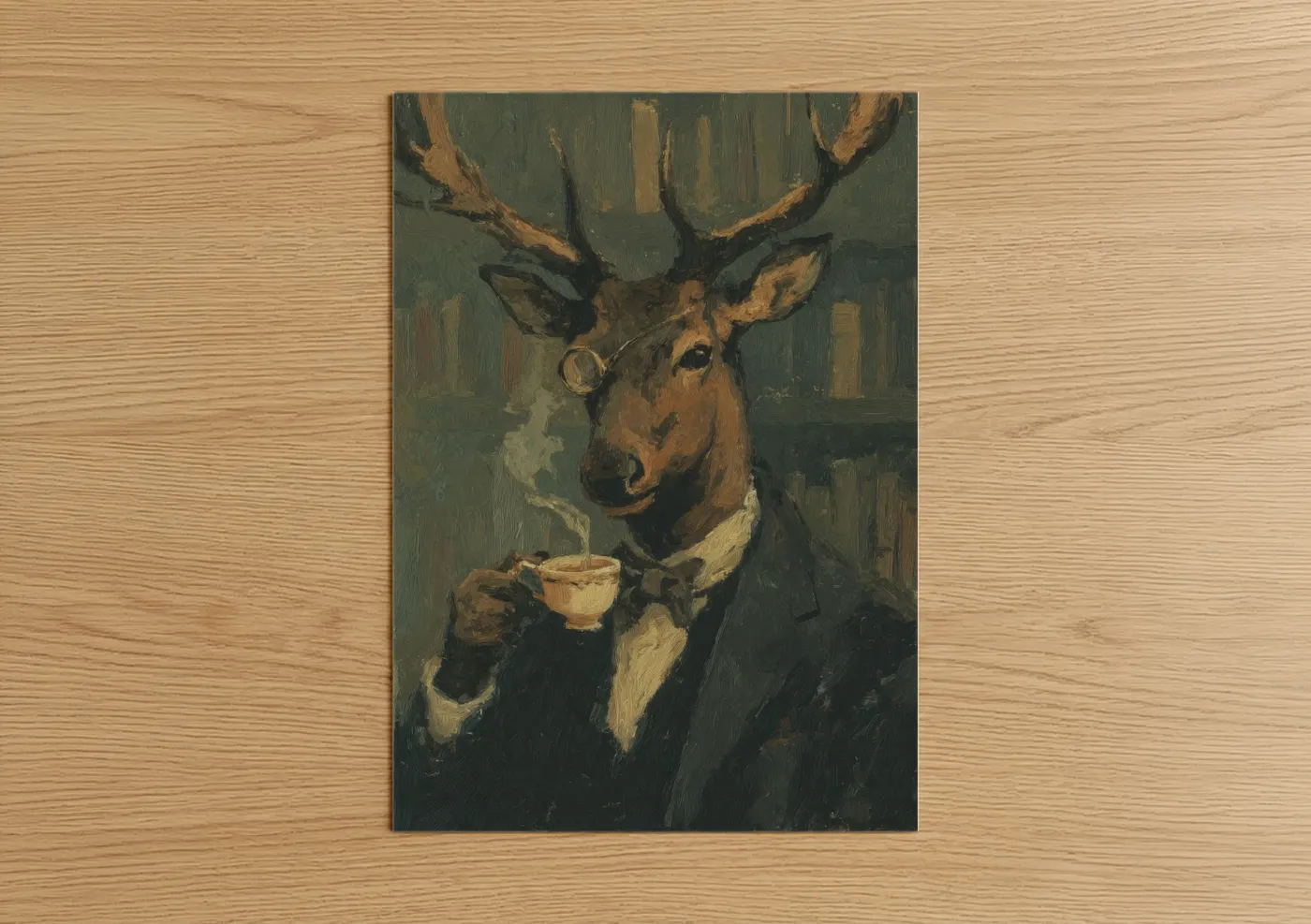 Art print on warm oak wood — dark green and gold palette — Gentleman Elk poster