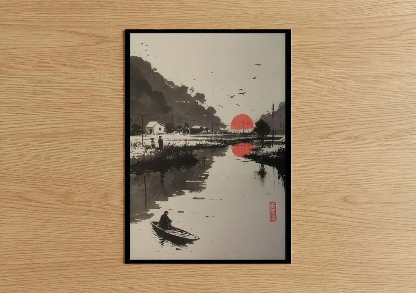 Crimson Sunset Riverside Village Landscape Wall Art