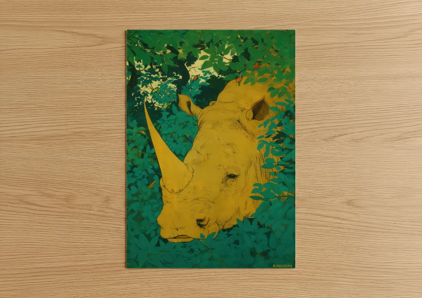 Art print on warm oak wood — yellow gold and true green palette — Golden Rhino poster