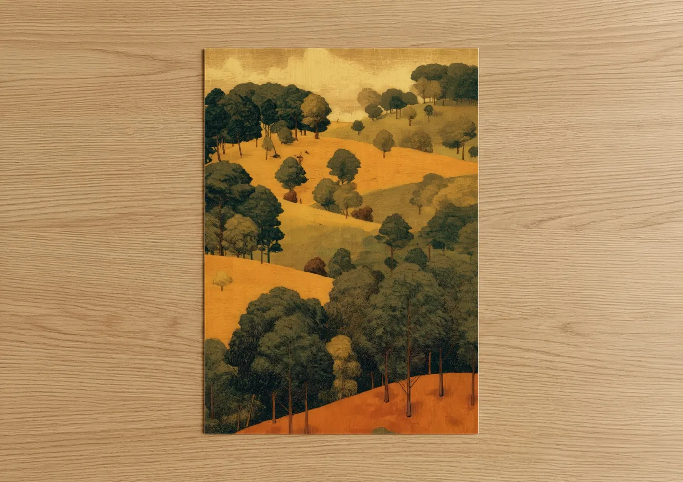 Oak forest art print on warm oak wood — gold and dark green palette — Golden Oak Valley poster