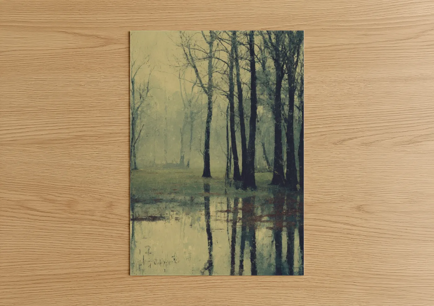 Art print on warm oak wood — cream and sage green palette — Misty Oak Forest poster