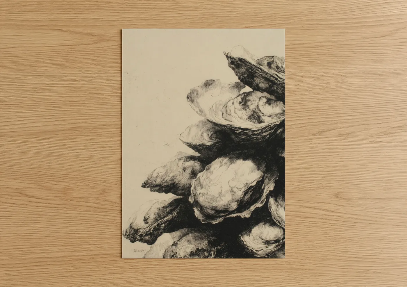 Art print on warm oak wood — black and white and cream palette — Etched Oysters poster