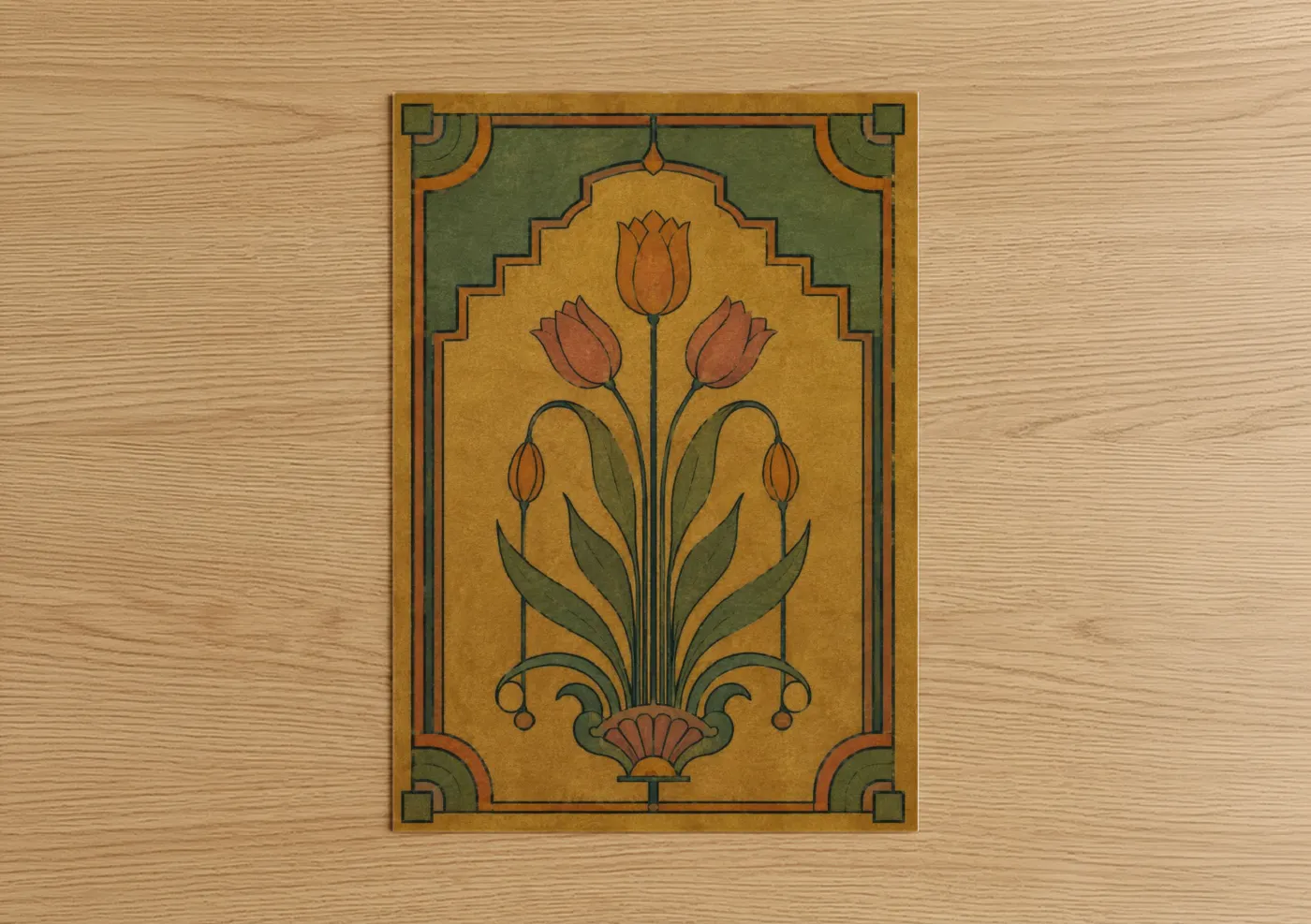 Art print on warm oak wood — gold and olive palette — Art Deco Tulip Botanical Wall Art poster
