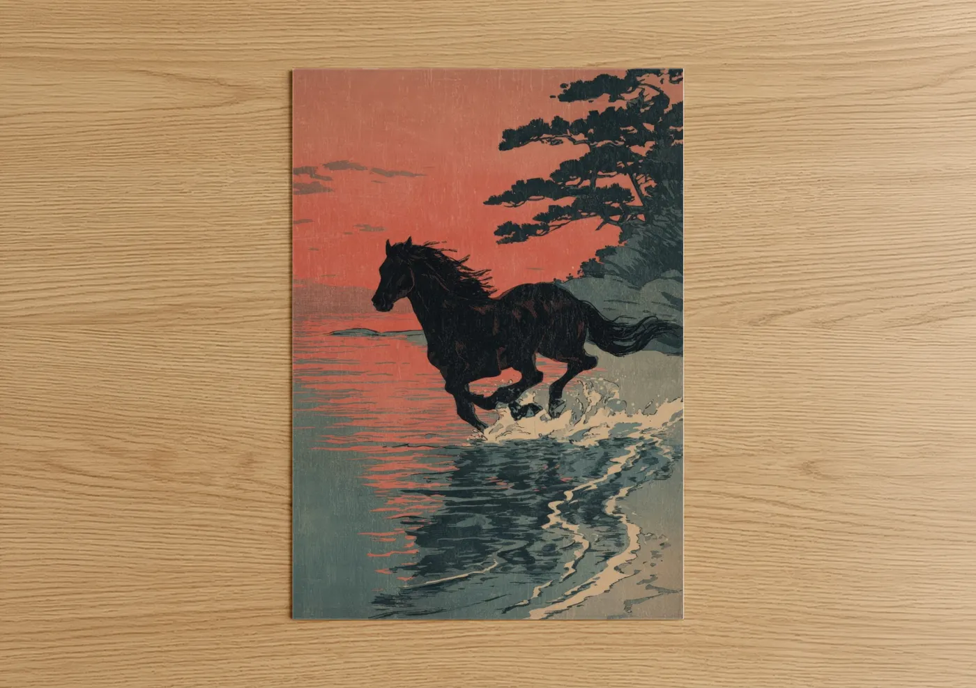 Art print on warm oak wood — black and gold and teal palette — Coastal Horseback poster