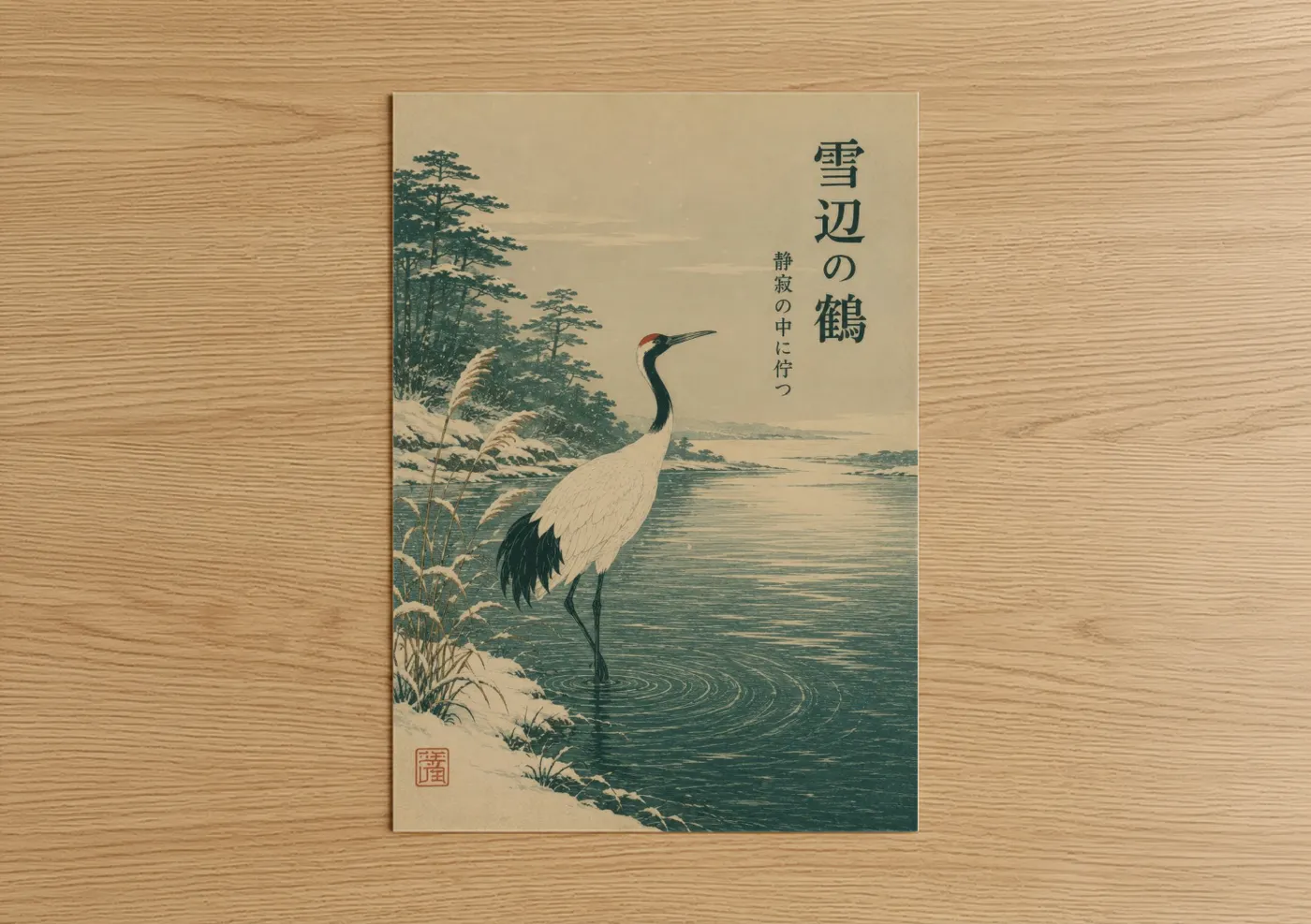 Art print on warm oak wood — beige and teal palette — Japanese Crane Winter Landscape Wall Art poster