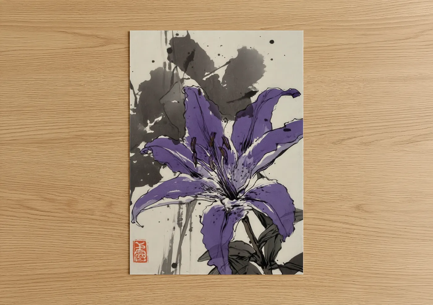 Lily art print on warm oak wood — purple and gray palette — Purple Iris Bloom poster