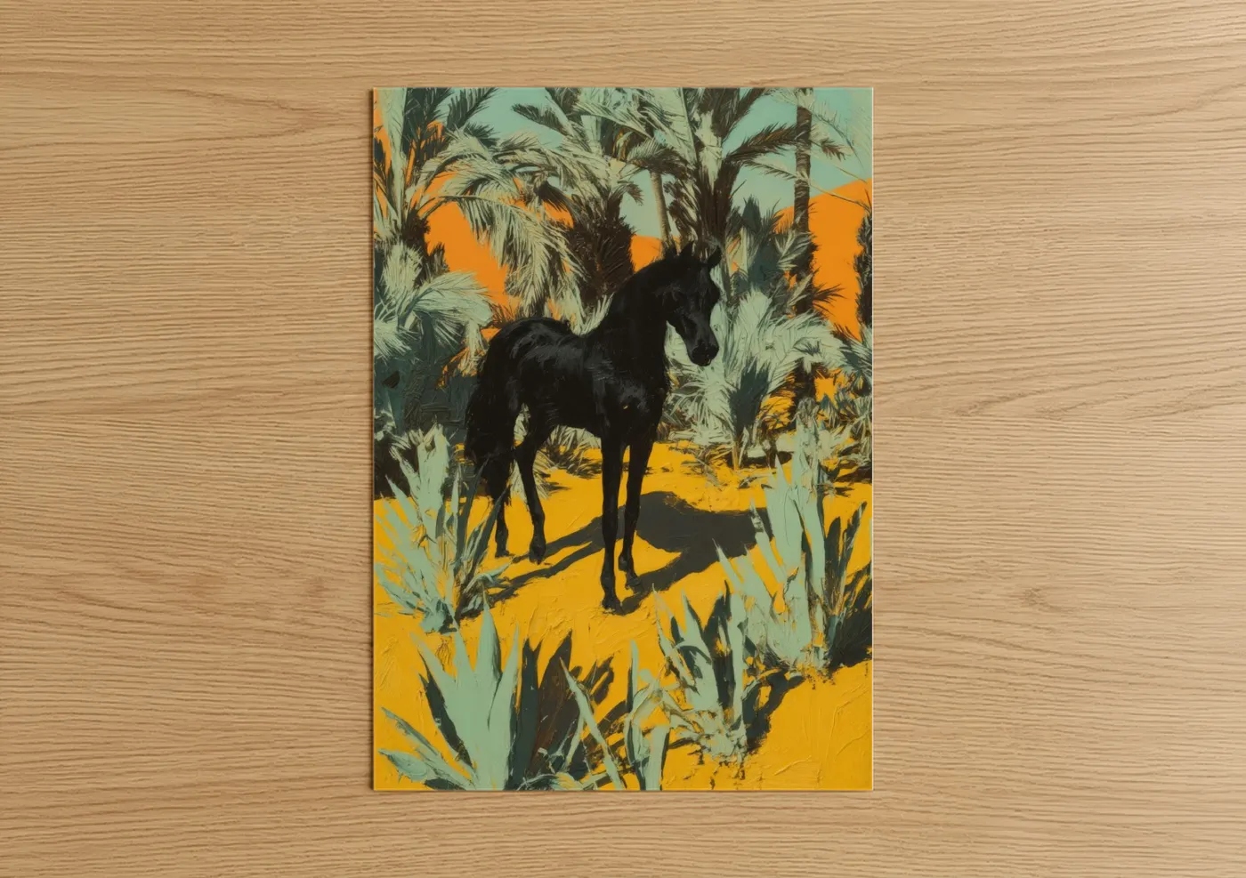 Arabian horse art print on warm oak wood — gold and light green palette — Desert Stallion poster