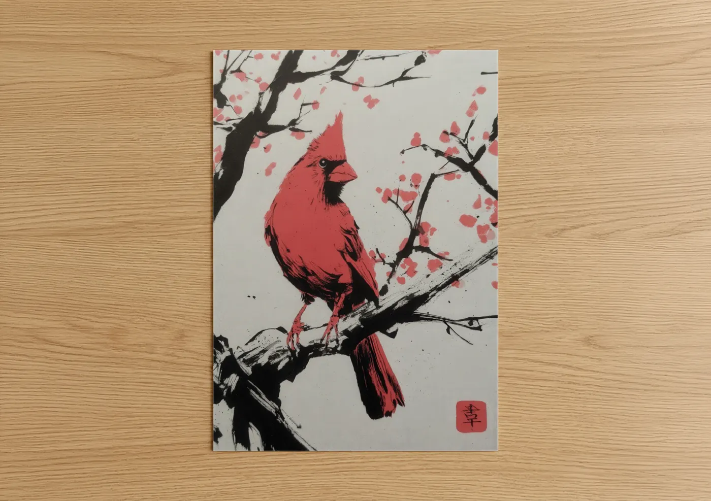 Crimson Cardinal Branch Japanese Wall Art